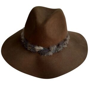 Zara Brown Felt Wide-Brim Hat with Feather Trim